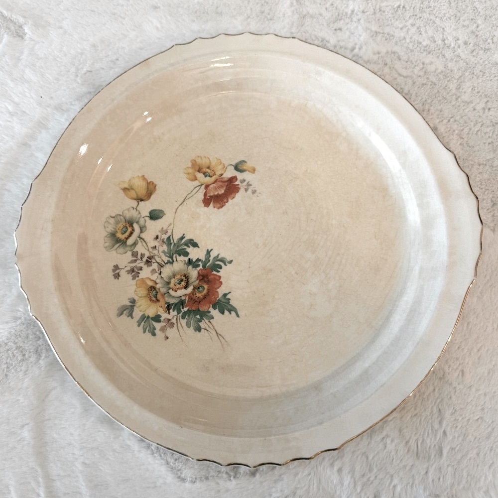 French Saxon 12.5” Cream & Floral Serving Platter, Union Made 22 KT. Gold Accent